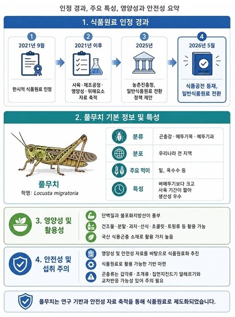 풀무치, 국내 10번째 식용곤충 정식 등재… 다양한 식품 소재로 활용 기대
