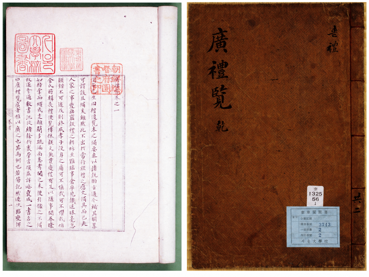 조선 후기의 예서인 『광례람(廣禮覽)』은 수산(綏山) 권정침(權正針) 등이 저술한 책으로, 전통 제례의 절차와 상차림(제수)에 관한 구체적인 기준을 담고 있어 조선 시대 식문화와 예법을 연구하는 중요한 원문이다.  사진 = 한국민족대백과사전