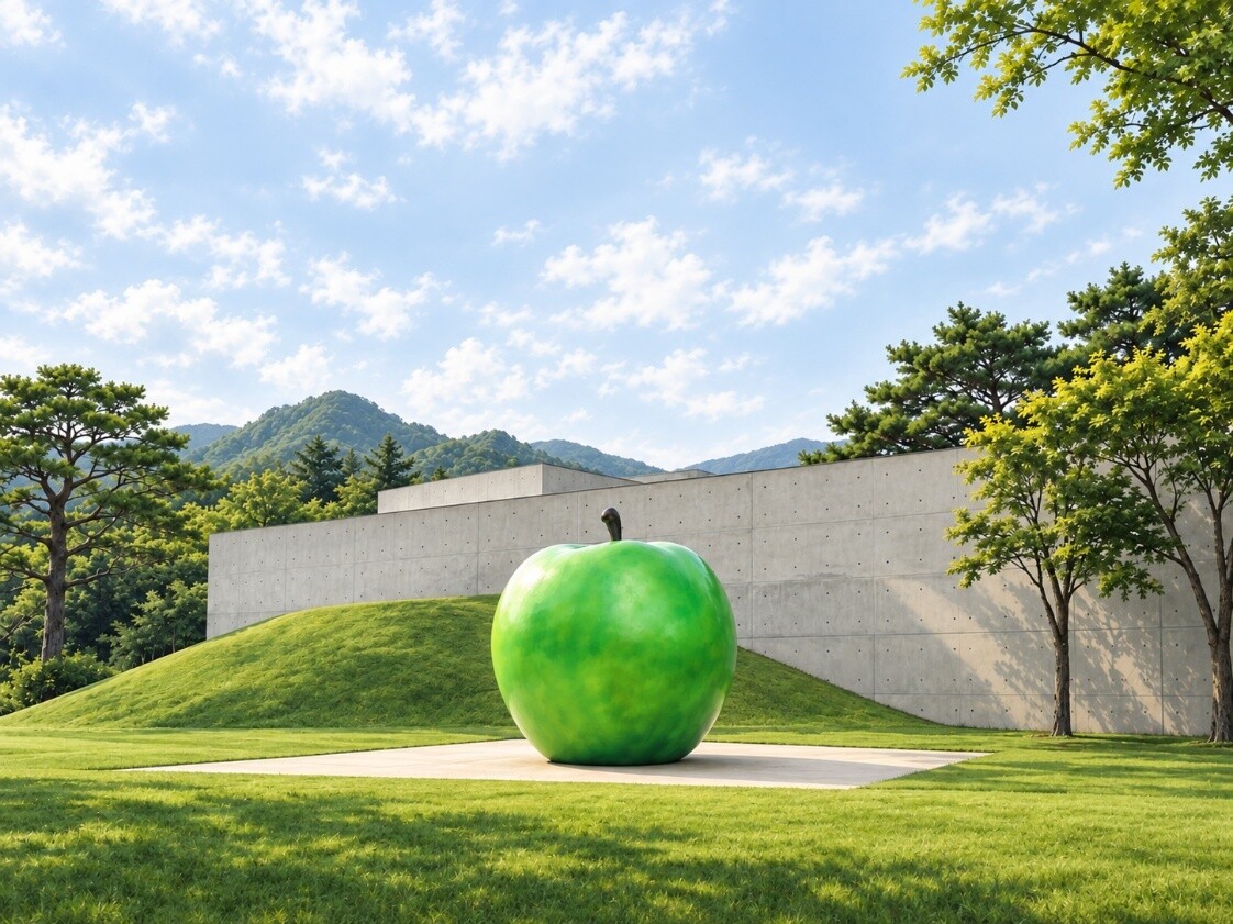 강원도 원주 뮤지엄 산에 설치된 안도 다다오의 조형물 〈청춘〉. 푸른 사과는 청춘이 나이가 아니라, 안주하지 않고 배우고 도전하는 태도임을 상징한다. 사진= 김경주 칼럼니스트