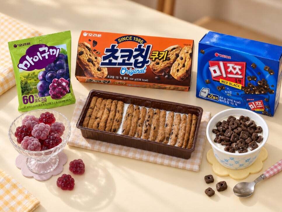 오리온의 스테디셀러 '초코칩쿠키', '마이구미', '미쯔'의 이미지. 사진=오리온 제공