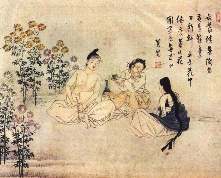 신윤복의 <삼추가연>. 국화꽃이 피어난 가을, 사람들이 술을 나누는 모습을 담은 조선 후기 풍속화다. 국화와 술을 함께 즐기던 옛사람들의 풍류를 엿볼 수 있다. / 사진 = 간송미술관