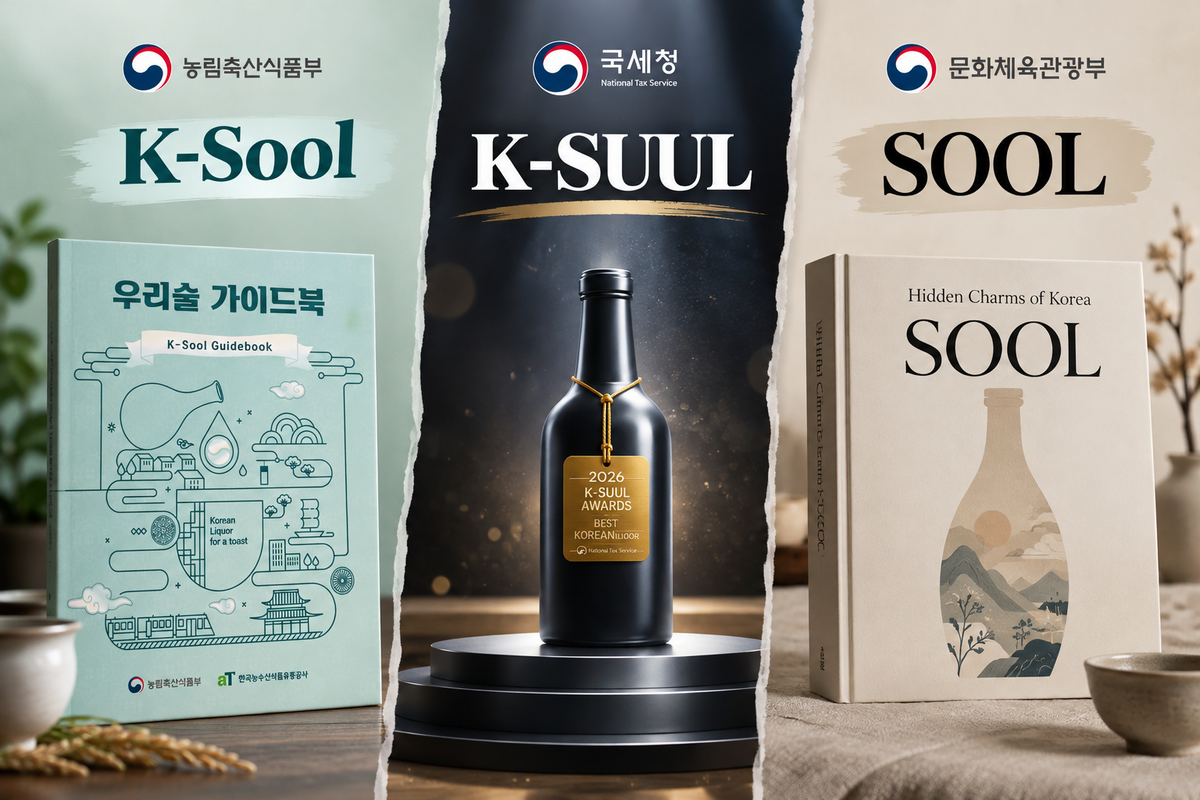 우리 술을 해외에 소개하는 정부 기관별 영문 표기. 농림축산식품부는 ‘K-Sool’, 국세청은 ‘K-SUUL’, 문화체육관광부는 ‘SOOL’을 사용하고 있다. 각 기관의 정책 목적에 따라 서로 다른 명칭이 사용되고 있다. 사진은 관련 자료를 바탕으로 AI로 제작한 이미지.